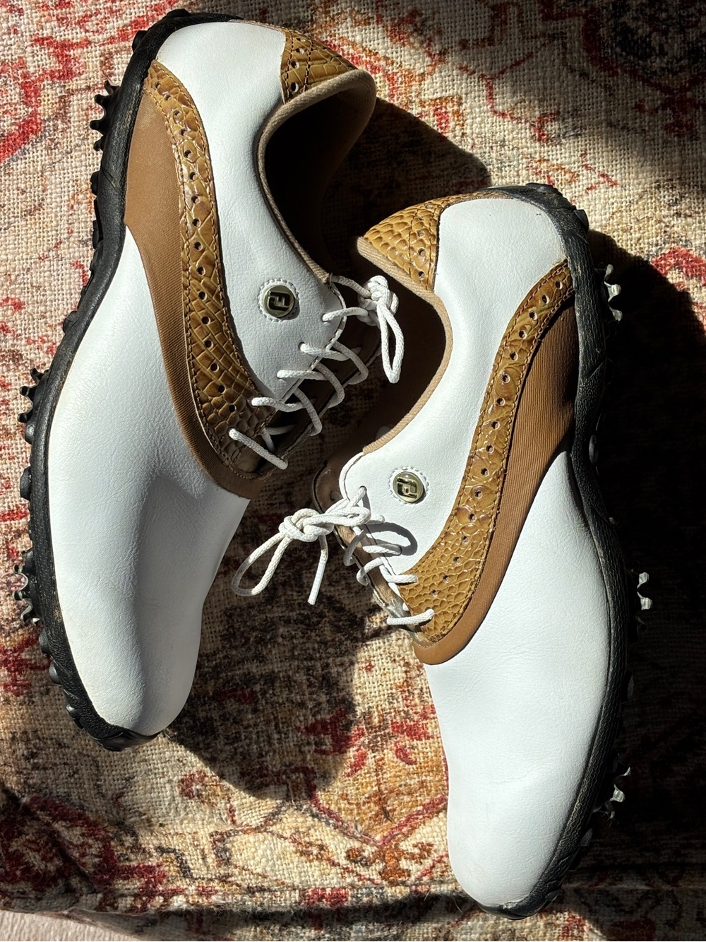Footjoy LoPro Golf Shoes Size 10 White and Tan Leather Croc Embossed Cleats